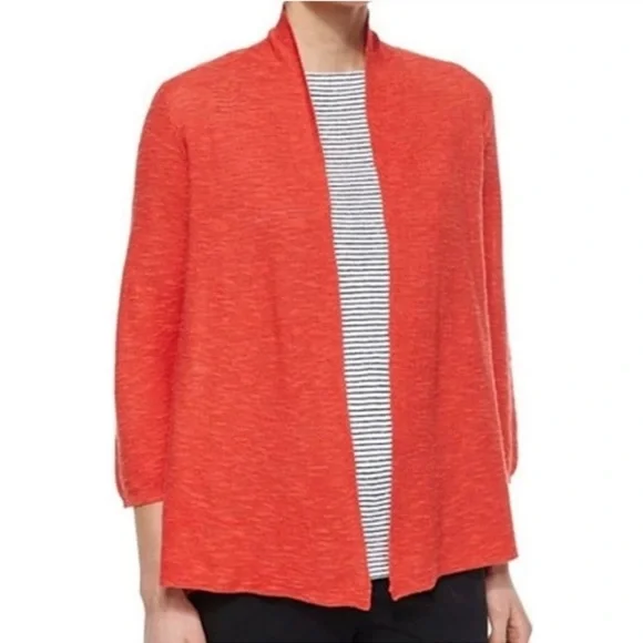 Eileen Fisher Open Front Cardigan Dark Coral Organic Linen & Cotton Slub Sz XL - Picture 1 of 7